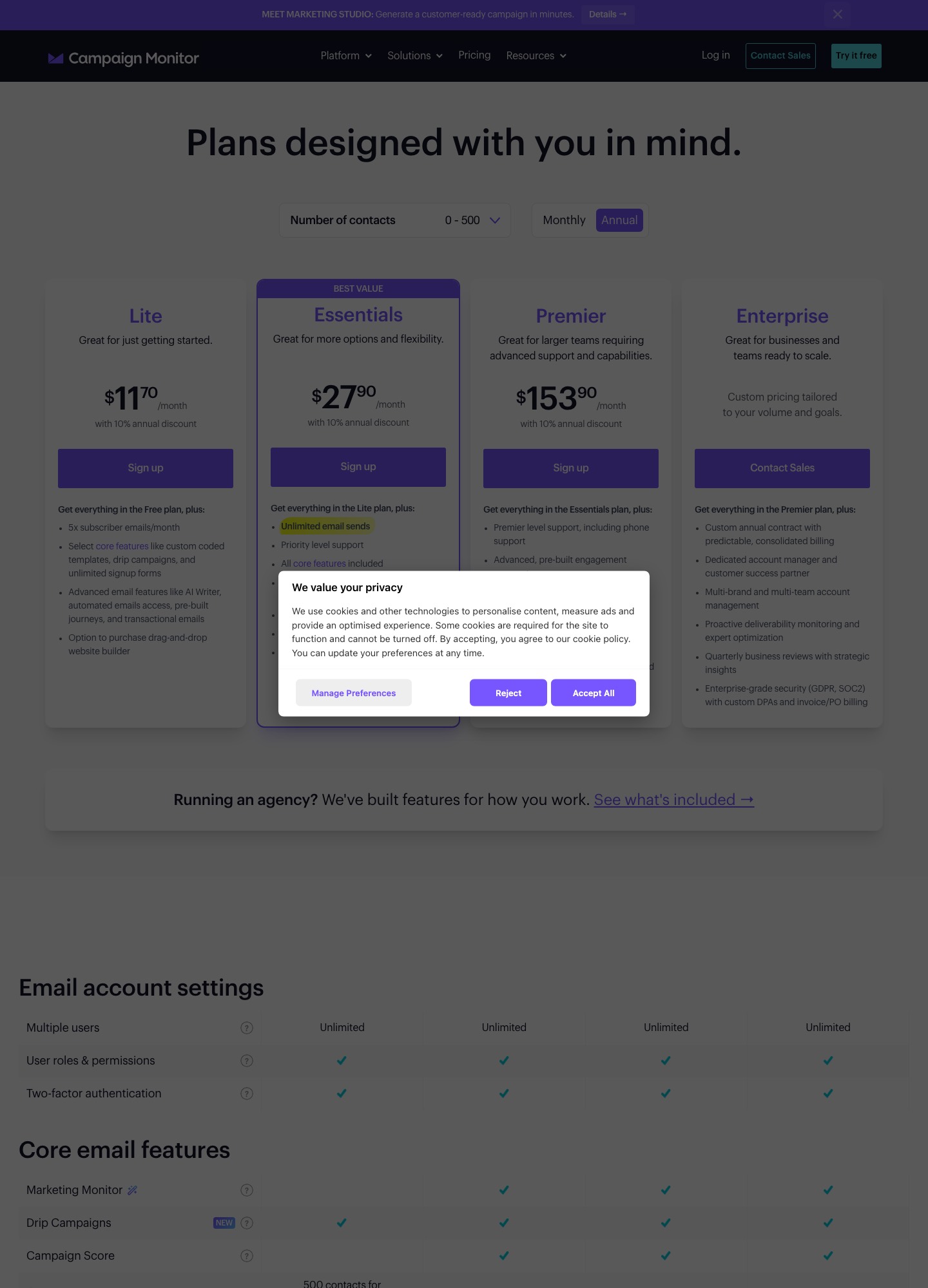 Campaign Monitor pricing page, captured October 2026