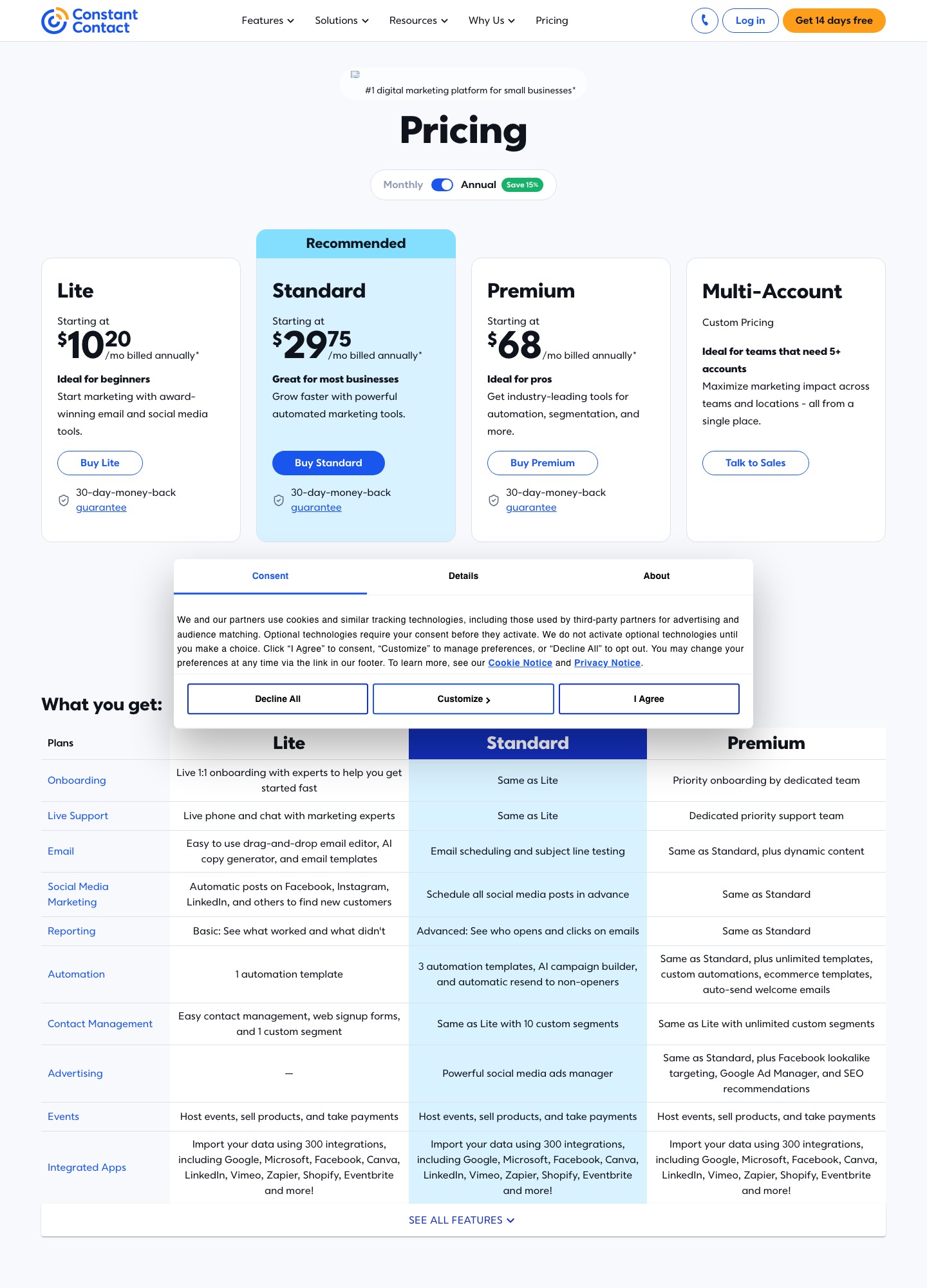 Constant Contact pricing page, captured October 2026