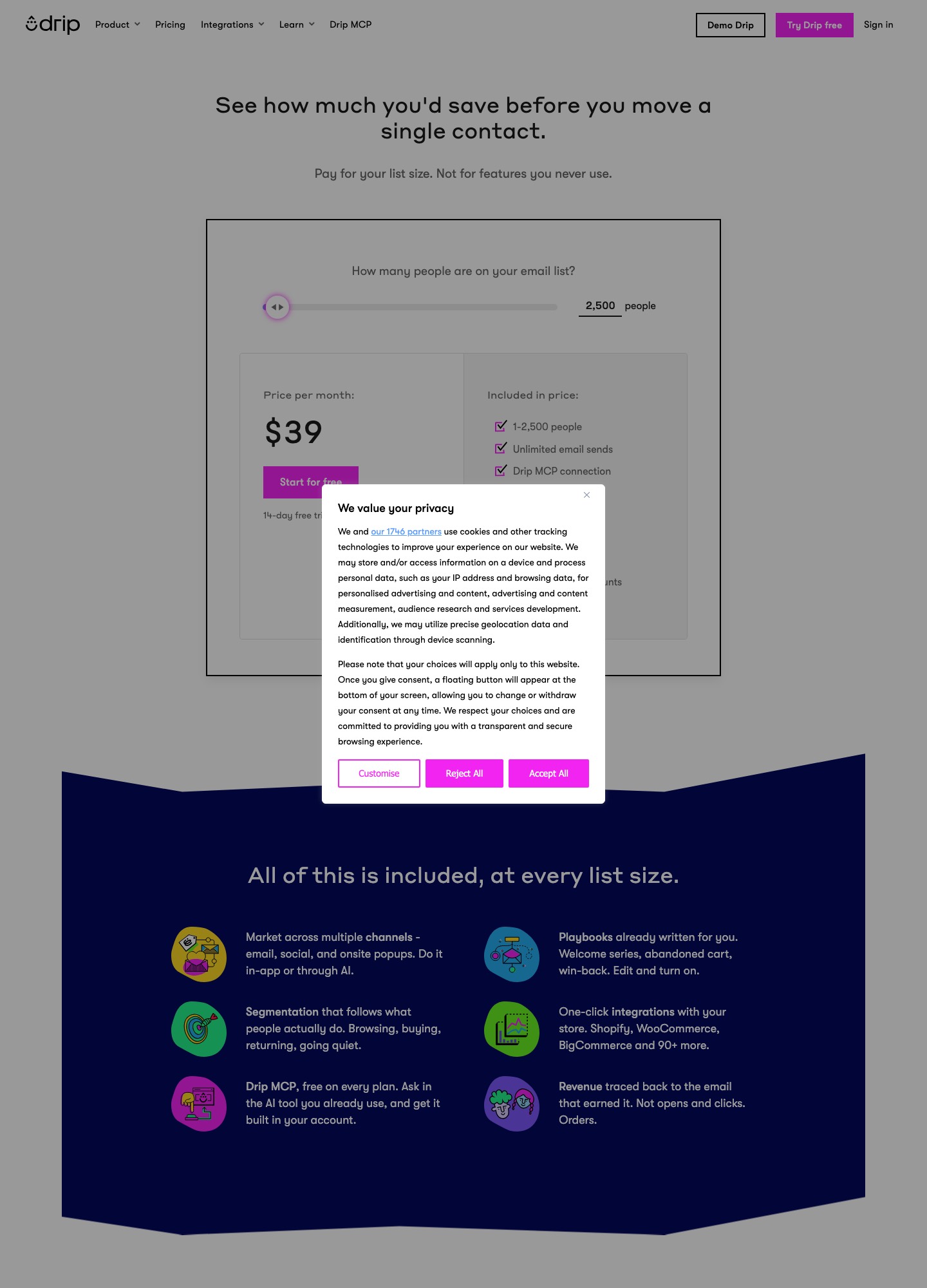 Drip pricing page, captured October 2026