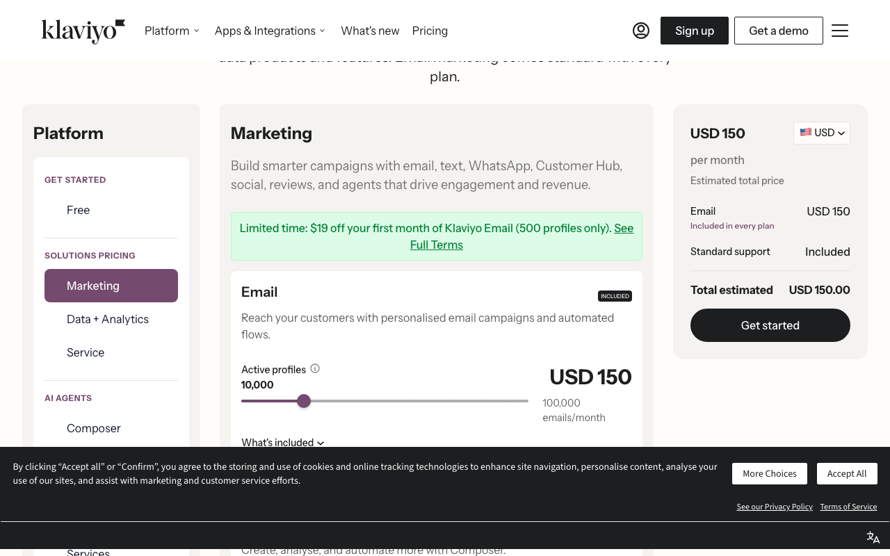 Klaviyo pricing page, captured Oct 2026
